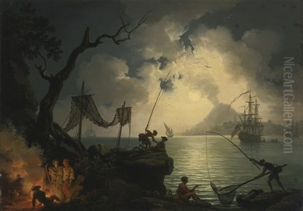 A Nocturnal Mediterranean Coastal Scene, With Vesuvius In The Background Oil Painting by Pierre Jacques Volaire