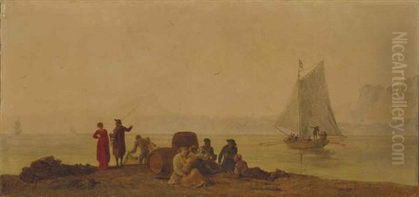 Pecheurs Et Personnages Jouant Aux Cartes Sur Un Rivage Oil Painting by Pierre Jacques Volaire