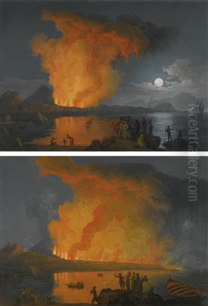 Vesuvius Erupting By Moonlight With Spectators In The Foreground And Vesuvius Erupting At Night With Spectators Looking On From The Foreground (pair) Oil Painting by Pierre Jacques Volaire