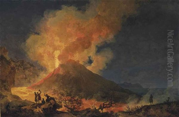 Vesuvius Erupting At Night Seen From The Atrio Del Cavallo, With Elegant Onlookers, A View Of Portici And Capri Beyond Oil Painting by Pierre Jacques Volaire