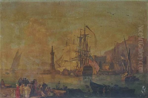 Port Mediterraneen Avec Des Marchands Et Des Joueurs De Cartes Oil Painting by Pierre Jacques Volaire