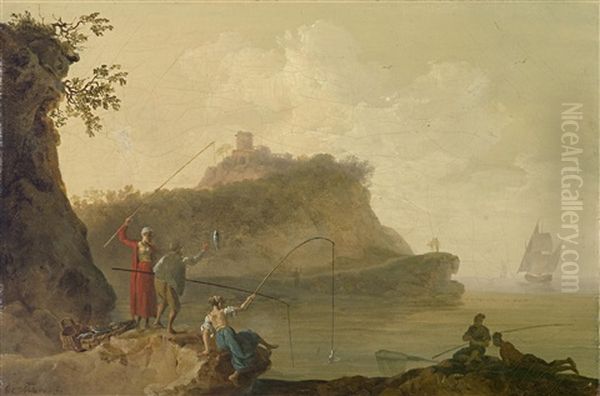 Eine Mediterrane Kustenlandschaft Mit Fischern Im Vordergrund Oil Painting by Pierre Jacques Volaire