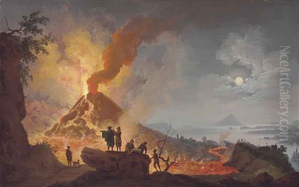 Mount Vesuvius Erupting By Night Seen From The Atrio Del Cavallo With Spectators In The Foreground Oil Painting by Pierre Jacques Volaire