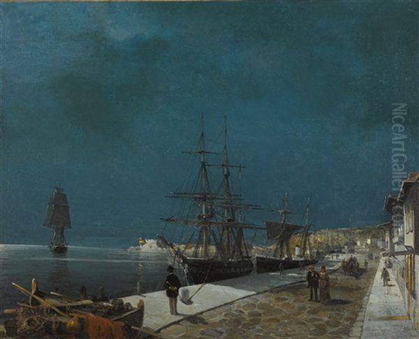 Harbour By Night Oil Painting by Konstantinos Volanakis