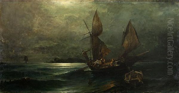 Fishing Under The Moonlight Oil Painting by Konstantinos Volanakis