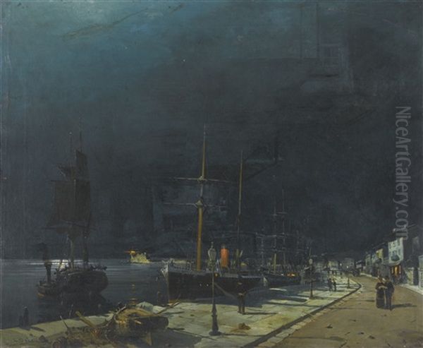 Harbour At Night Oil Painting by Konstantinos Volanakis