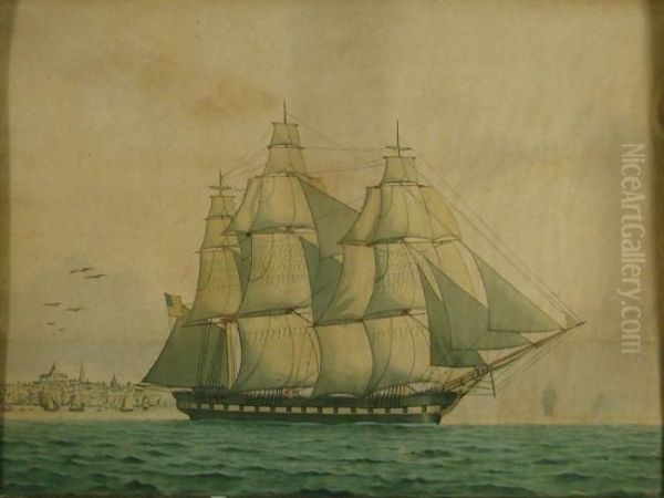 American Three-mastedschooner With Ships And American Harbor In Back Ground Oil Painting by Lucius A. Briggs