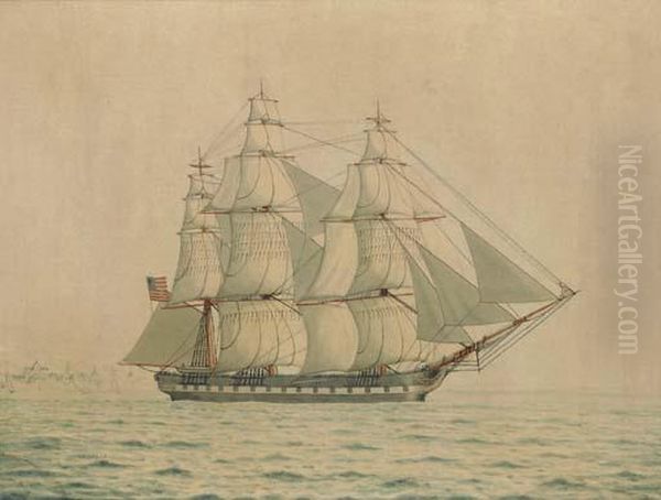 An American Frigate Off A Coast Oil Painting by Lucius A. Briggs