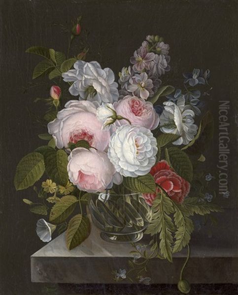 Blumenbouquet In Einer Kristallvase Auf Einem Tisch Oil Painting by Gottfried Wilhelm Voelcker