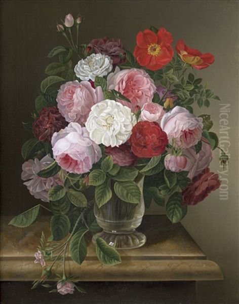 Rosenbouquet In Einer Glasvase Auf Einem Marmortisch Oil Painting by Gottfried Wilhelm Voelcker