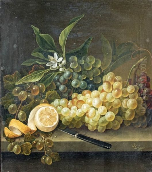 Still Life With Grapes, Knife And Lemon Oil Painting by Gottfried Wilhelm Voelcker