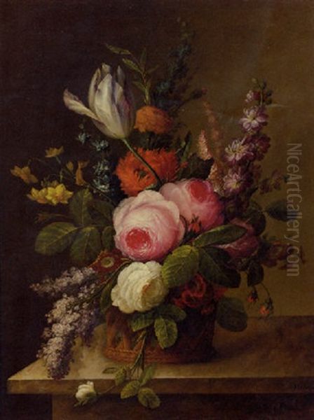 A Still Life With Larkspur, Roses, Poppies, Lilacs, Daffodils, Tulips And Primrose Oil Painting by Gottfried Wilhelm Voelcker