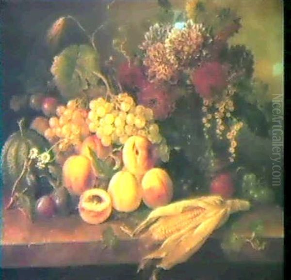 Still Life With Assorted Fruitflowers And An Ear Of Corn On A Stone Ledge Oil Painting by Gottfried Wilhelm Voelcker