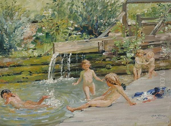 Sommertag Mit Badenden Kindern An Einem Bach Oil Painting by Robert Voelcker