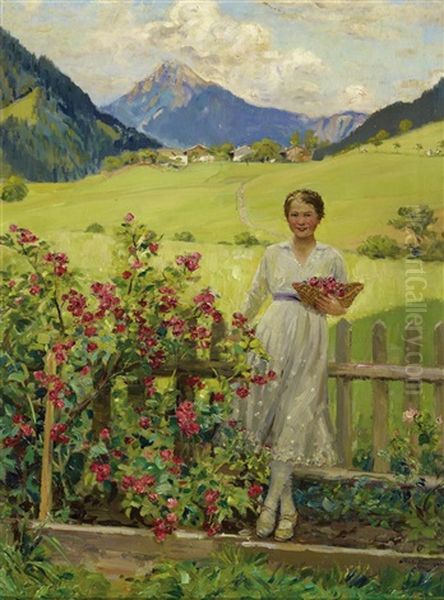 Junge Bayrische Frau Mit Rosenbluten Oil Painting by Robert Voelcker