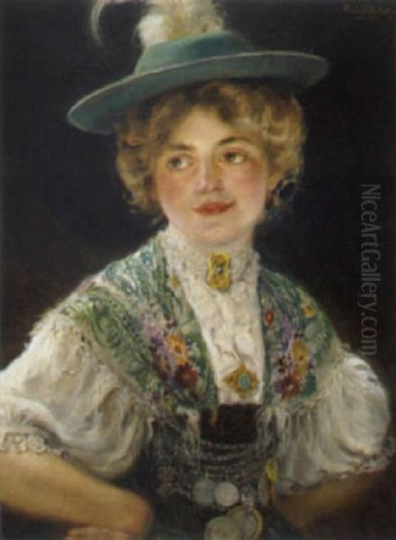 Miesbacher Dirndl Oil Painting by Robert Voelcker