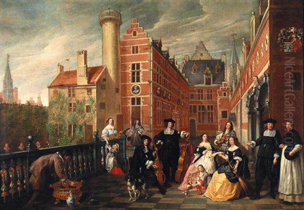 A Group Portrait Of A Family With A Royal Prince In The Courtyard Of A Palace Oil Painting by Lanzelot Volders