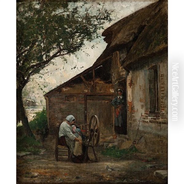 Woman And Child At Spinning Wheel Oil Painting by Douglas Volk