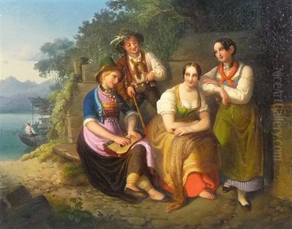 Musizierende An Einem See Oil Painting by Wilhelm (Johann W.) Voelker