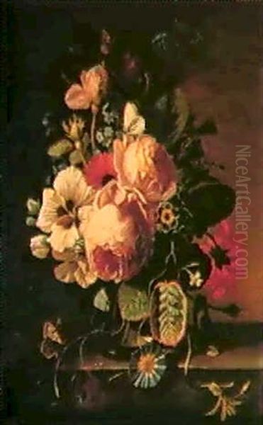 A Still Life Of Flowers On A Marble Edge Oil Painting by Wilhelm (Johann W.) Voelker