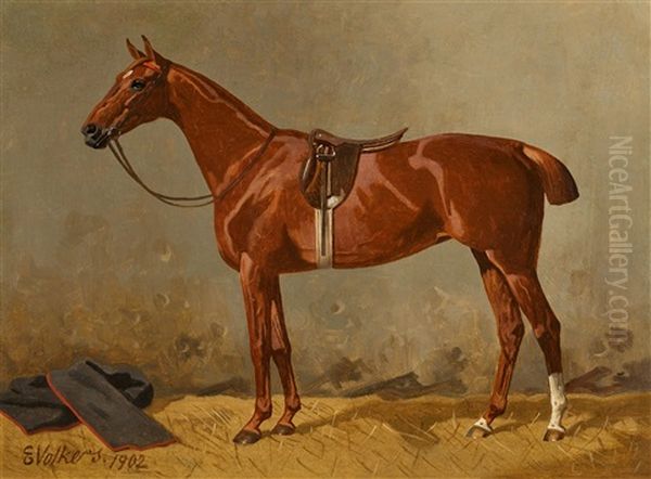 Two Saddled Horses Oil Painting by Emil Volkers