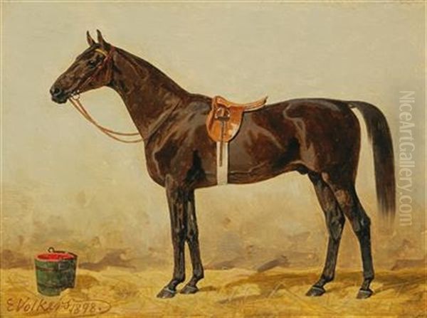 Black Horse In The Stable Oil Painting by Emil Volkers