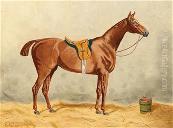 Saddled Horse In The Stable Oil Painting by Emil Volkers