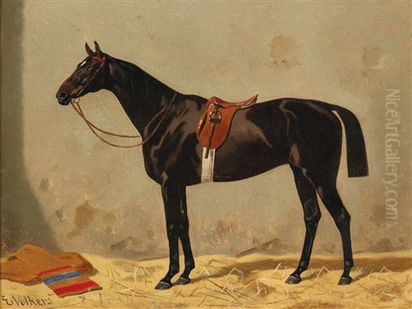 Black Horse In The Stable Oil Painting by Emil Volkers