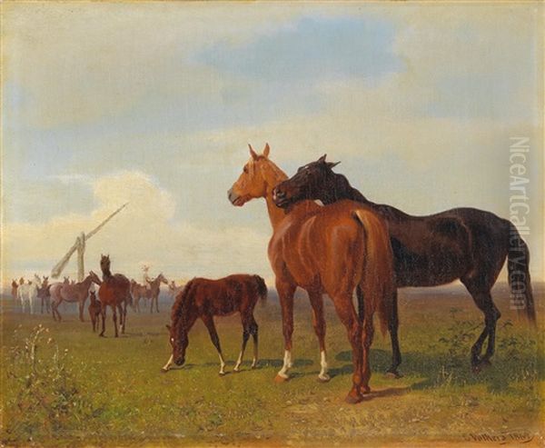 Horses On The Puszta Oil Painting by Emil Volkers