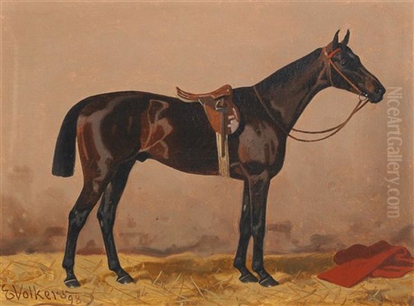 Black Horse In The Stable Oil Painting by Emil Volkers