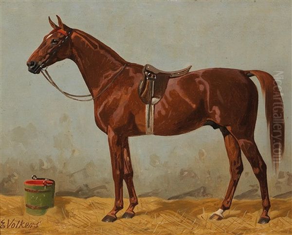 Saddled Chestnut In The Stable Oil Painting by Emil Volkers