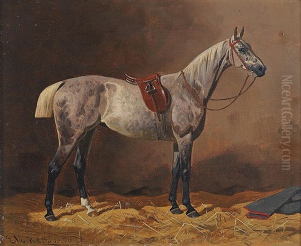 Saddled Racehorse In The Stable Oil Painting by Emil Volkers