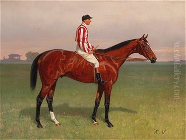 Portrait Of A Jockey On His Horse Oil Painting by Karl Volkers