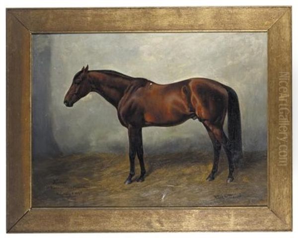 Racehorse In A Stable - Rennpferd Im Stall (+ 2 Others, Similar; 3 Works) Oil Painting by Karl Volkers