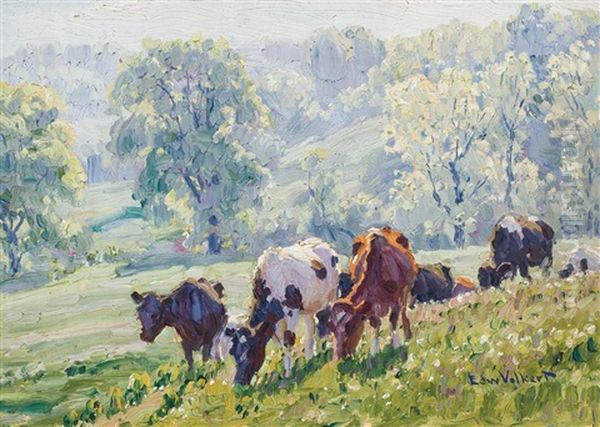 Cows On A Slope Oil Painting by Edward Charles Volkert