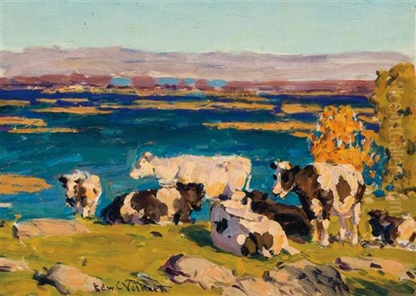 (a) Pasture By The Sea (b) Cows In A Pasture (a Pair) Oil Painting by Edward Charles Volkert