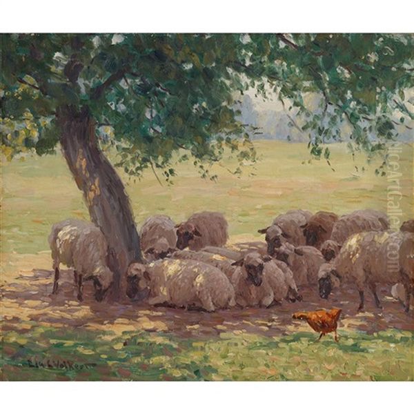 Chicken And Sheep In The Shade Oil Painting by Edward Charles Volkert