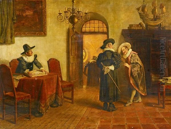 Historisches Interieur Mit Drei Herren Oil Painting by Max Volkhart