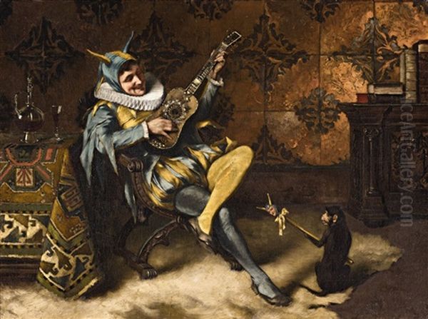 The Serenade (harlequin With A Monkey) Oil Painting by Max Volkhart