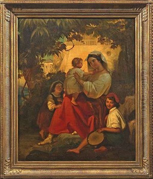 Sudlandische Mutter Mit Ihren Drei Kindern Unter Einem Schattenspendenden Baum Oil Painting by Wilhelm Volkhart