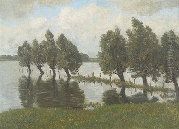 Ufer Mit In Einem Gewasser Stehenden Baumen Oil Painting by Hans Richard Von Volkmann