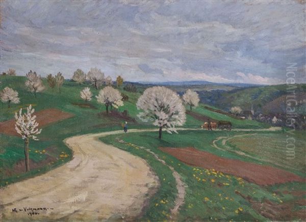 Fruhlingslandschaft Mit Bluhenden Obstbaumen Oil Painting by Hans Richard Von Volkmann