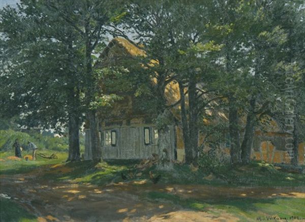 Von Baumen Umgebenes Bauernhaus In Der Eifel Oil Painting by Hans Richard Von Volkmann