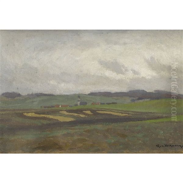 Landschaft Mit Dorf Oil Painting by Hans Richard Von Volkmann