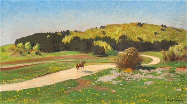 Horse Rider In A Summer Landscape Oil Painting by Hans Richard Von Volkmann