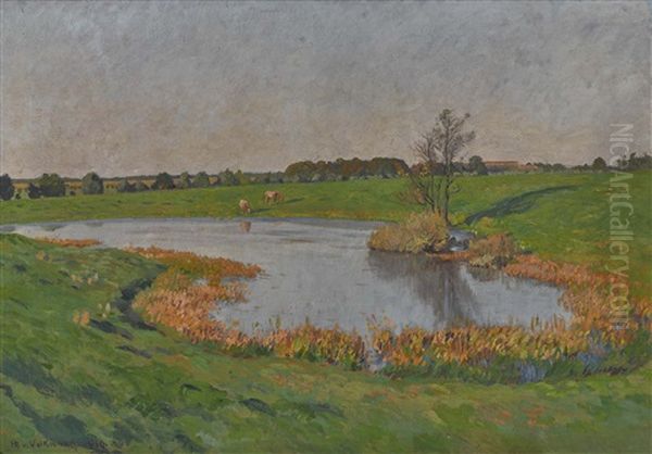 Teichlandschaft Mit Weidenden Pferden Oil Painting by Hans Richard Von Volkmann