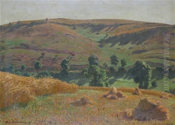 Cattle In A Summer Landscape Oil Painting by Hans Richard Von Volkmann