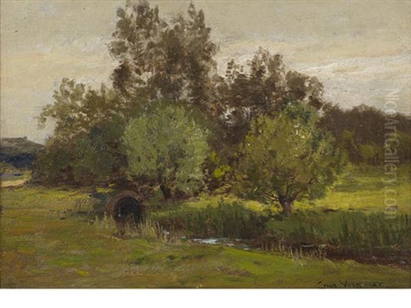 Landscape With Trees And Stream, Gentilly Oil Painting by Charles Volkmar