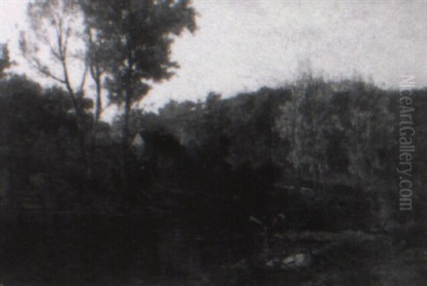 Cattle At A Stream With A Cottage In The Background Oil Painting by Charles Volkmar