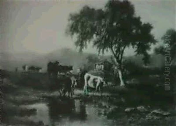 Cattle By A Stream Oil Painting by Charles Volkmar